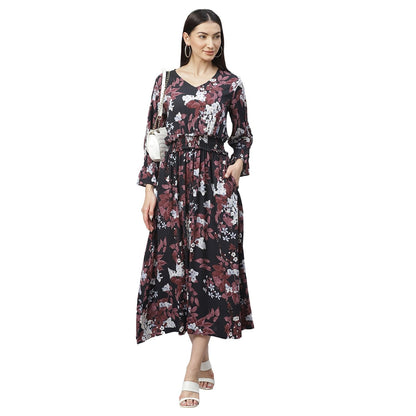 Women's Multicolor Rayon Printed 3/4 Sleeve V Neck Casual Dress