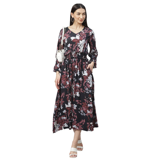 Women's Multicolor Rayon Printed 3/4 Sleeve V Neck Casual Dress
