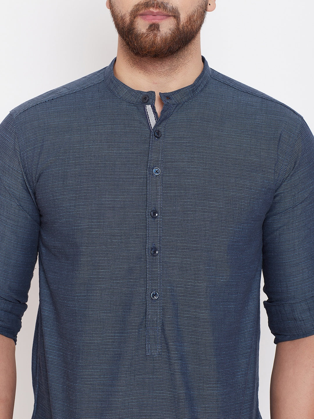 Men's Woven Design Navy Blue Shirt Kurta