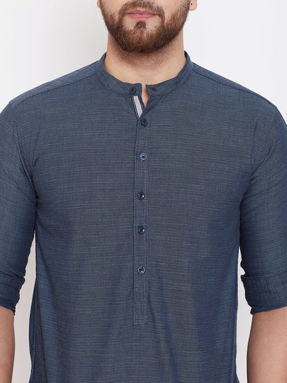 Men's Woven Design Navy Blue Shirt Kurta