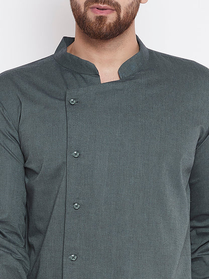 Men's Green Asymmetrical Solid Kurta