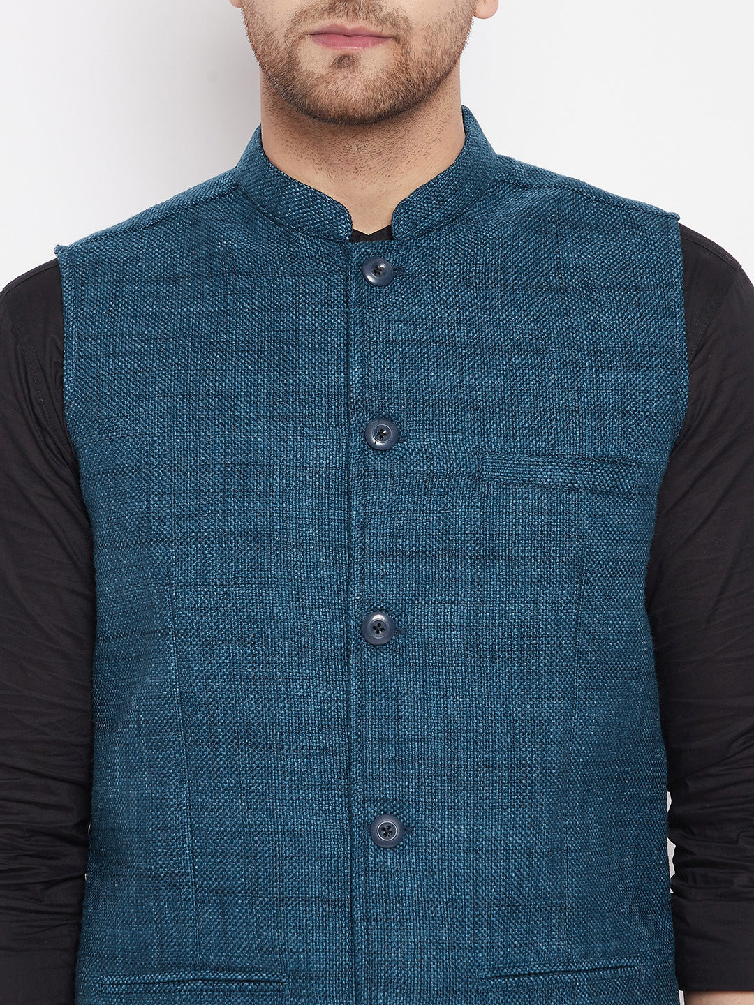 Men's Blue Color Woven Nehru Jacket