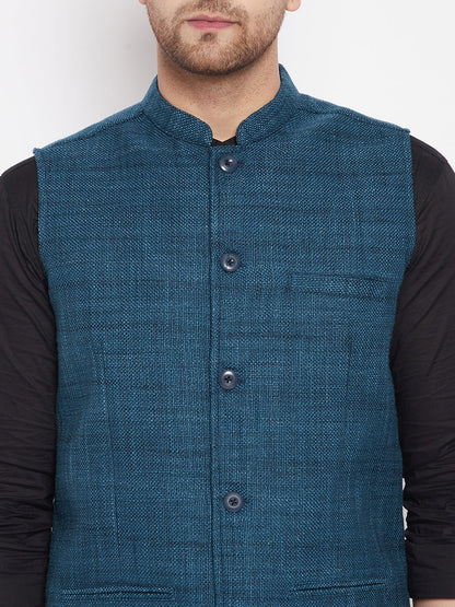 Men's Blue Color Woven Nehru Jacket