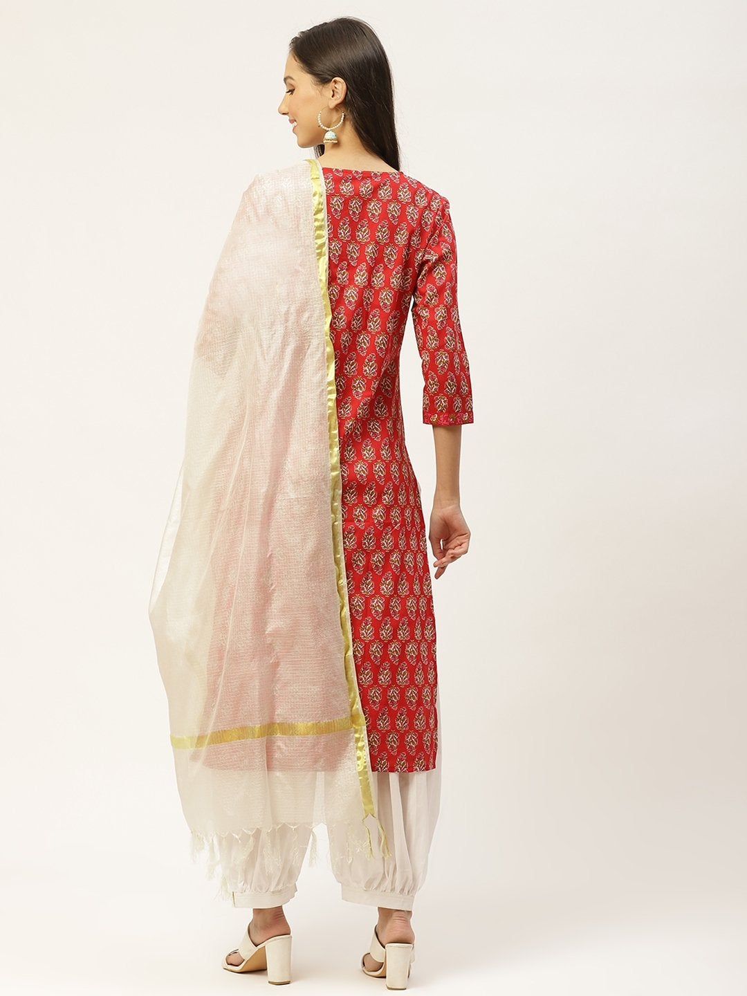 Women's Red & White Ethnic Hand Printed Cotton Kurta with Salwar & Dupatta