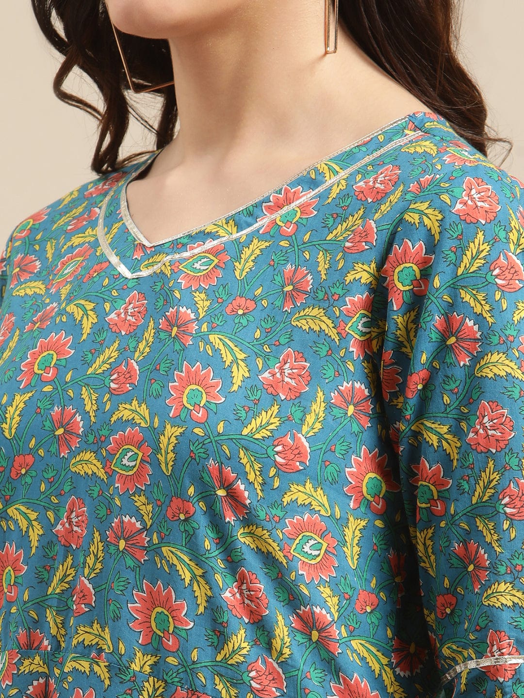 Women's Green And Pink Floral Printed Heavy Gota Emebellished Anarkali Kurta