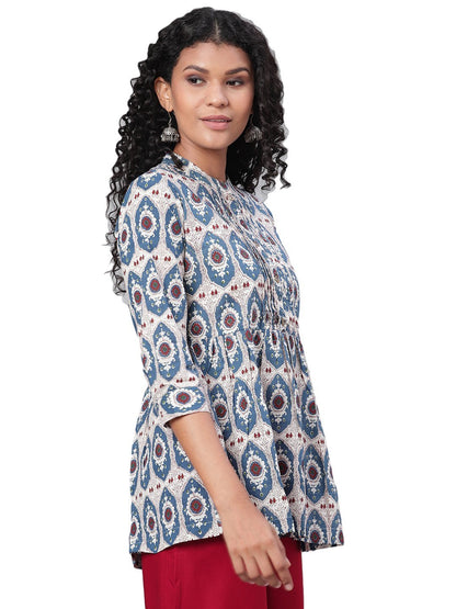 Women's Multi Printed 3/4 Sleeve Coller Neck Cotton Casual Top