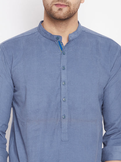 Men's Grey Color Short Kurta with Band Collar