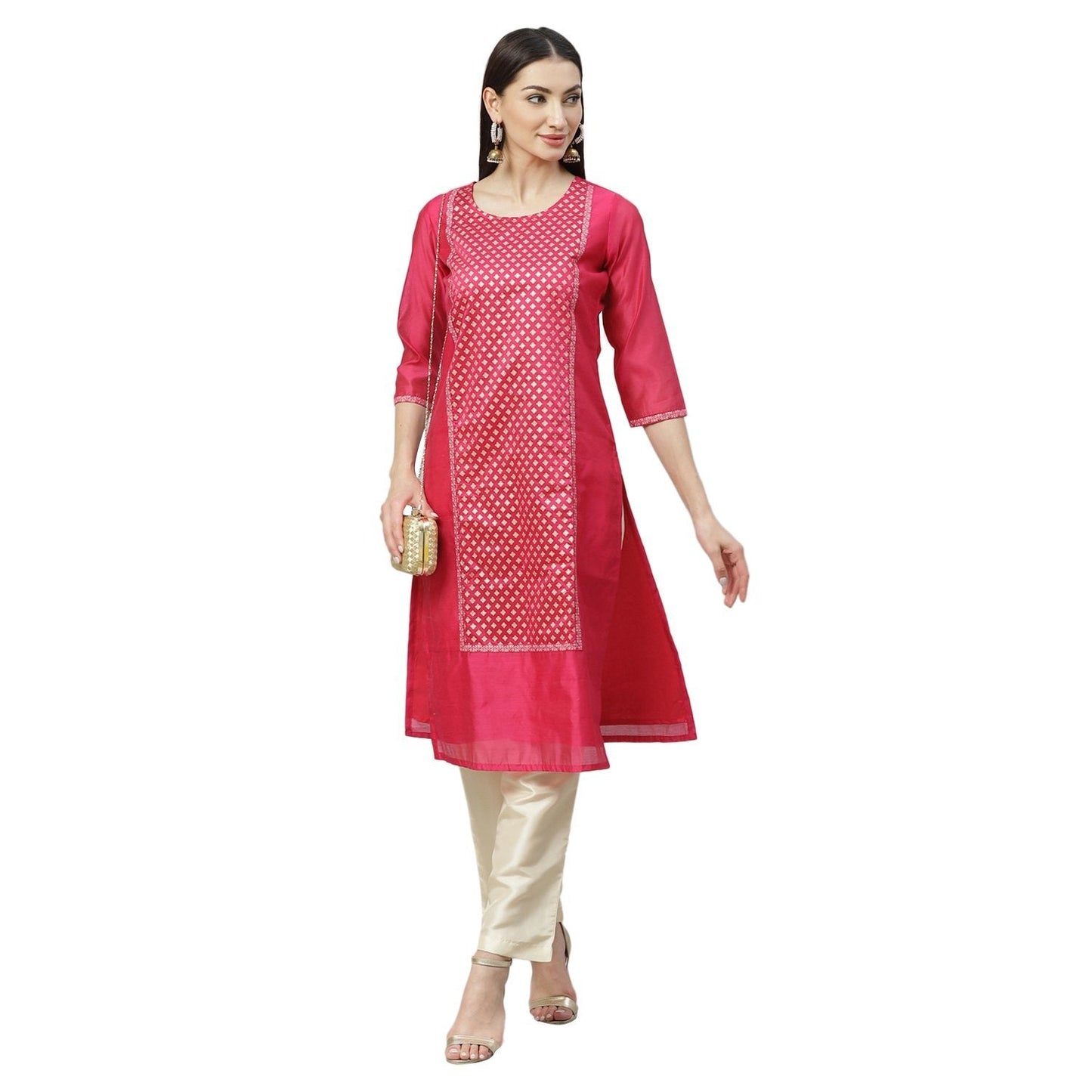Women's Pink Chanderi Printed 3/4 Sleeve Round Neck Casual Kurta Pant Set