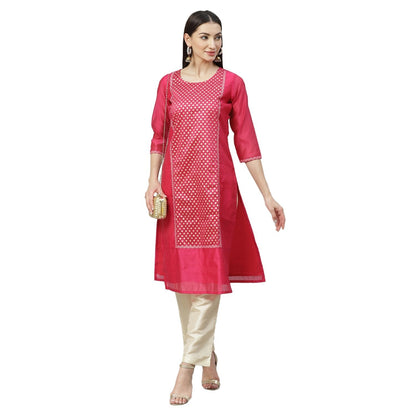 Women's Pink Chanderi Printed 3/4 Sleeve Round Neck Casual Kurta Pant Set