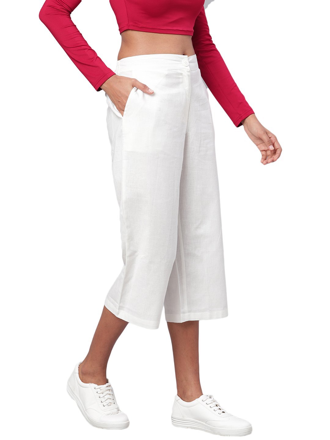 Women White Solid Cotton Trouser by Myshka