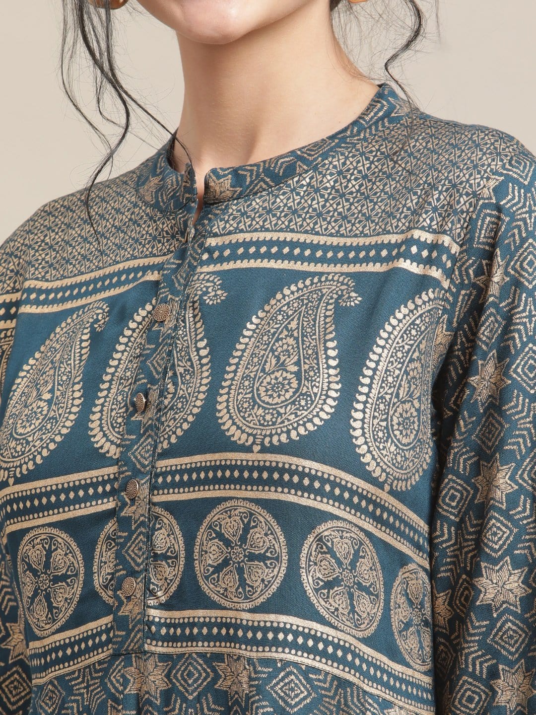 Women's Teal And Gold Printed Flared Anarakali Kurta