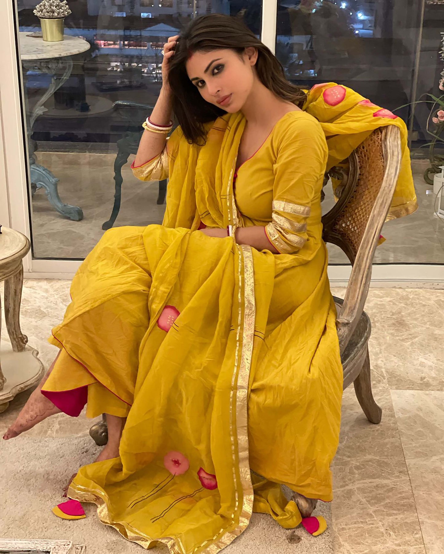 Women's Yellow Organza Handpainted Suit Set