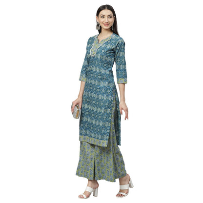 Women's Green Cotton Printed Sleeveless Round Neck Casual Kurta Pant Set