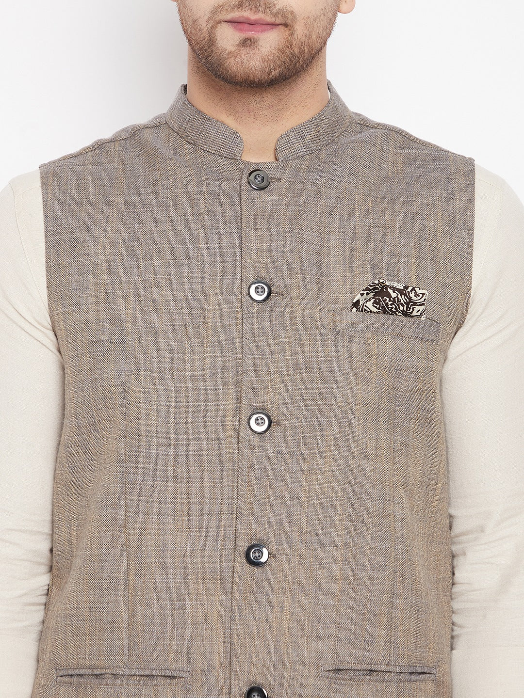 Men's Brown Color Woven Nehru Jacket
