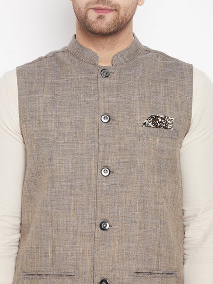 Men's Brown Color Woven Nehru Jacket