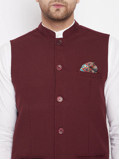 Men's Maroon Color Nehru Jacket-Contrast Lining-Inbuilt Pocket Square