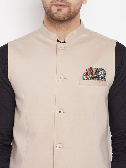 Men's Cream Color Woven Nehru Jacket