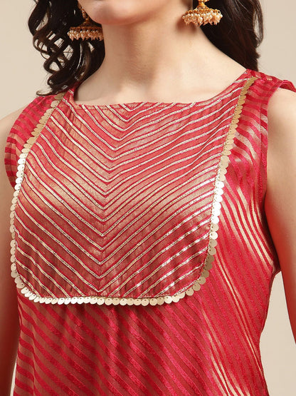 Women's Red And Gold Brocade Gota Embellished Striped Kurta Set With Gota Work Net Dupatta