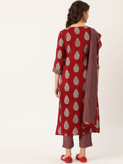 Women's Rayon Printed Suit Set with Adda Work & Dupatta