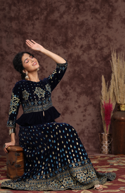 Women's Indigo Velvet Printed Lehenga Choli Dupatta Set