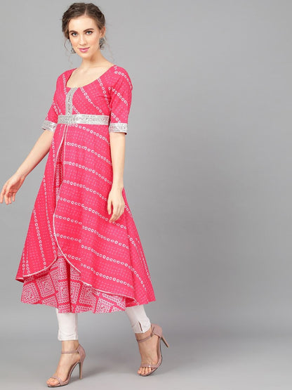Women's  Pink & White Printed Anarkali Kurta