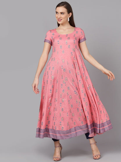 Women's  Pink & Gold-Toned Printed Anarkali Kurta
