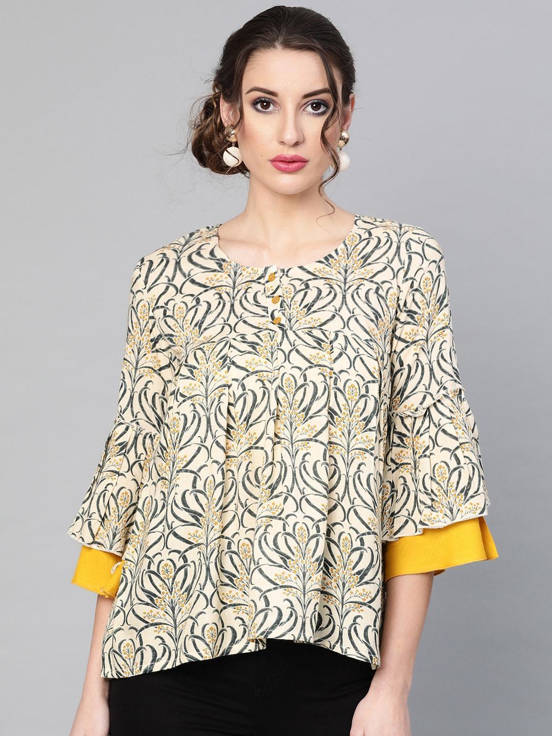 Women's  Cream-Coloured & Navy Blue Printed Tunic