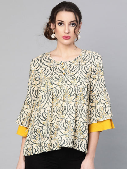 Women's  Cream-Coloured & Navy Blue Printed Tunic