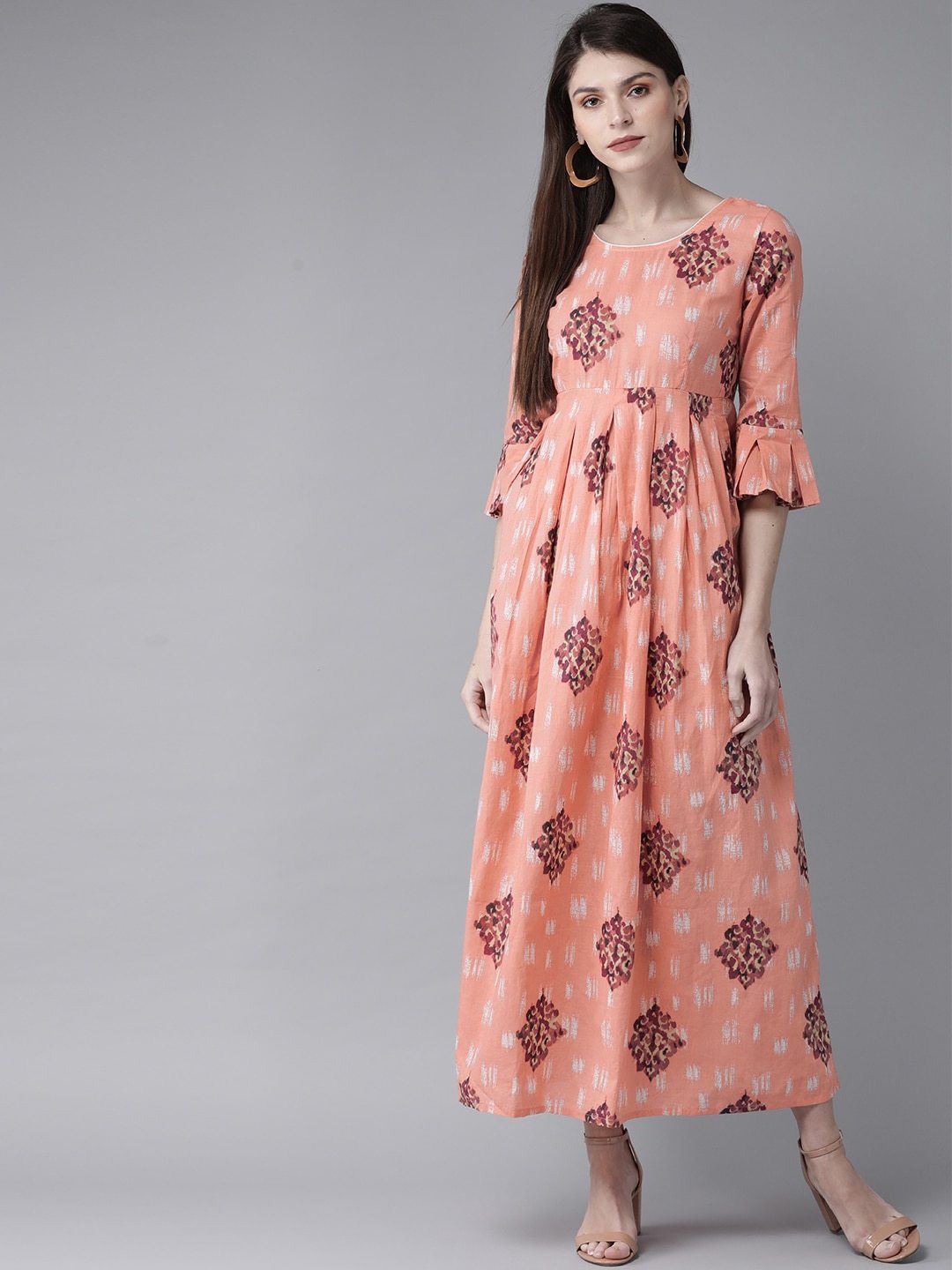 Women's  Peach-Coloured & Purple Printed Maxi Dress