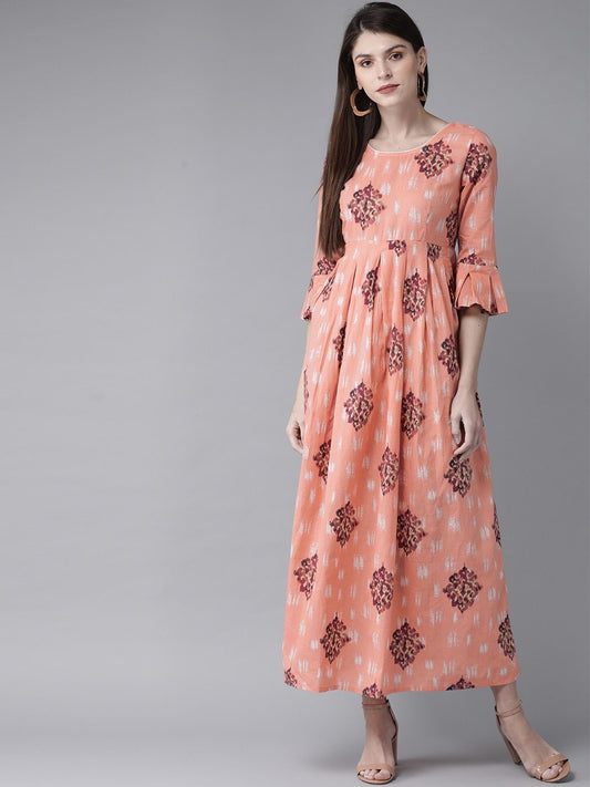 Women's  Peach-Coloured & Purple Printed Maxi Dress