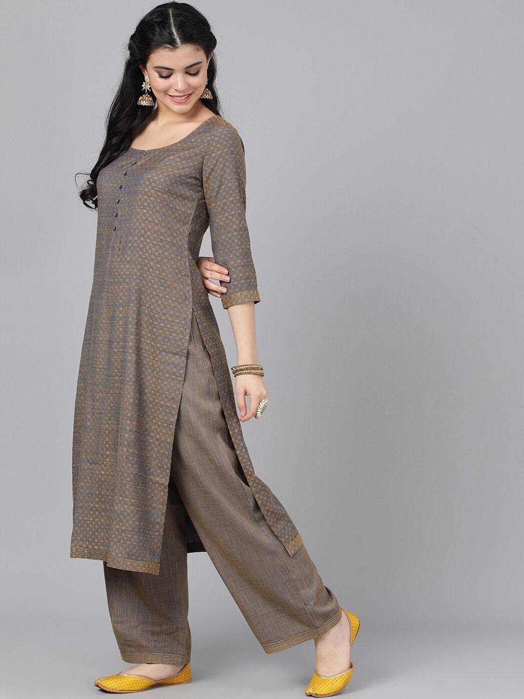 Women's  Brown Self Design Kurta with Palazzos