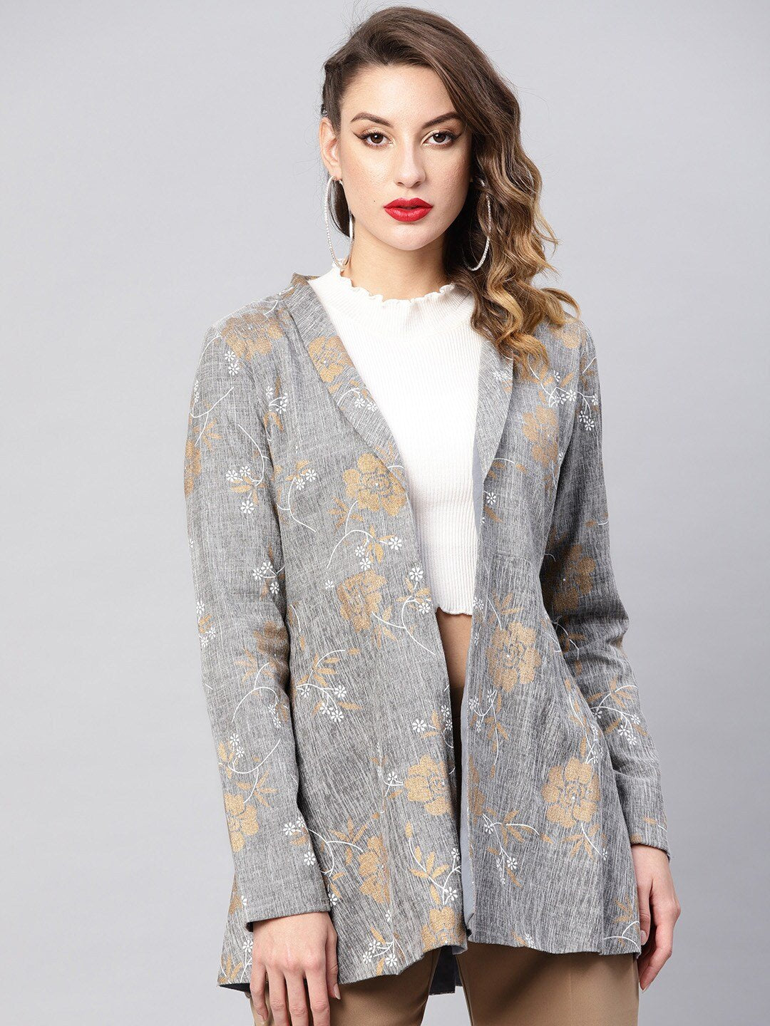 Women's  Grey & Golden Printed Front Open Blazer