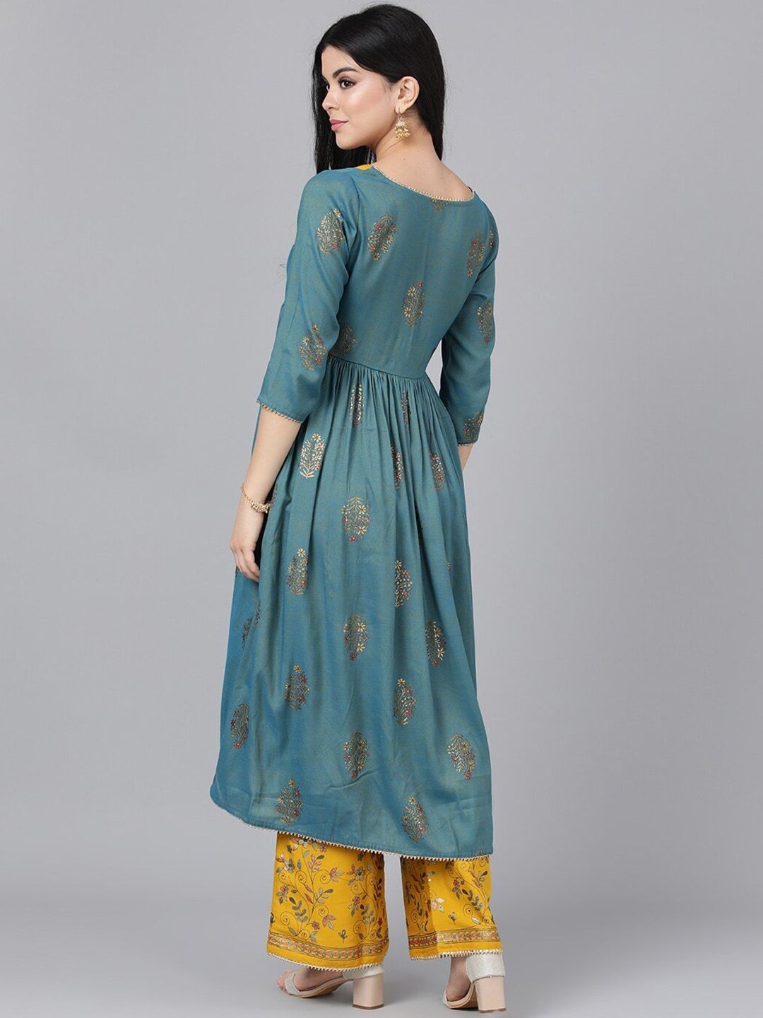 Women's  Mustard Yellow & Blue Floral Embroidered Kurta with Palazzos & Jacket