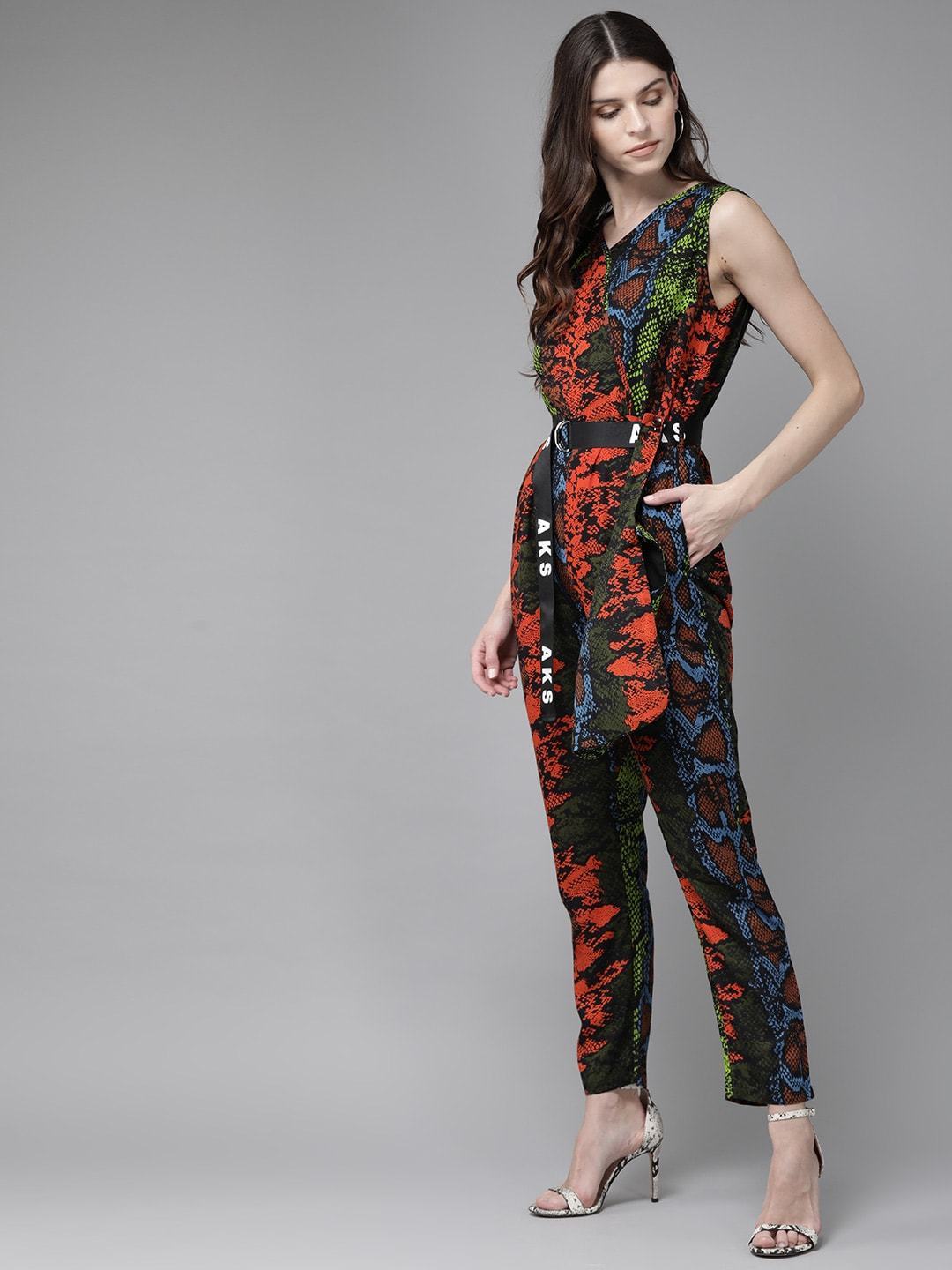 Women's  Orange & Black Snakeskin Print Basic Jumpsuit