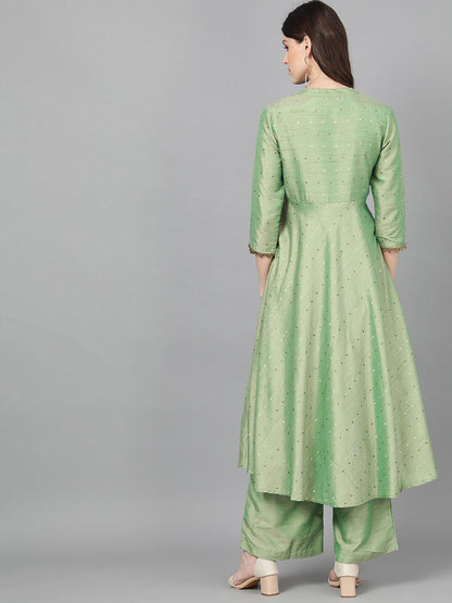 Women's  Green Woven Design A-Line Kurta