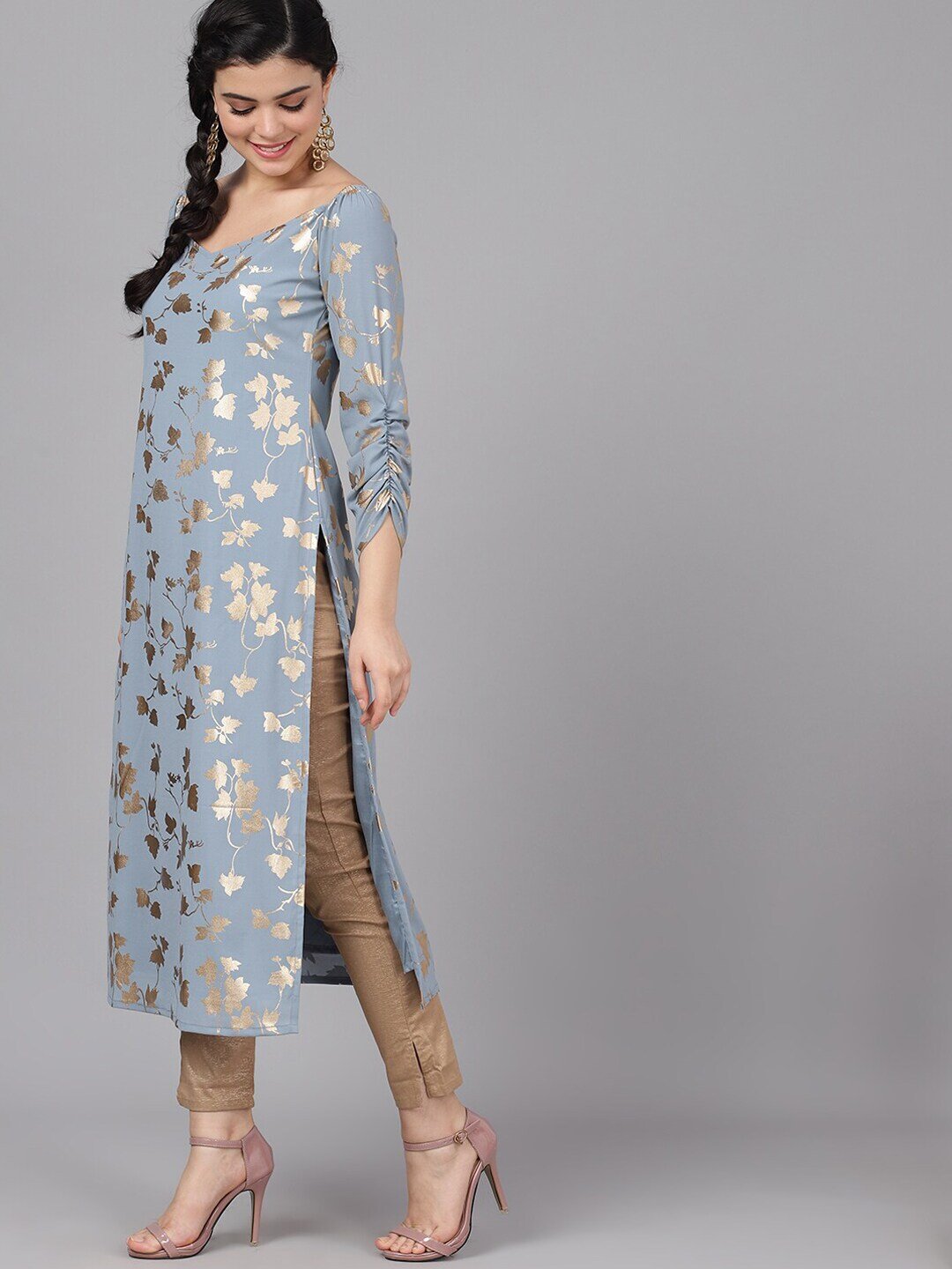 Women's  Grey & Gold-Toned Foil Printed Straight Kurta