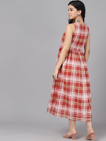 Women's  Rust Red & Off-White Checked A-Line Dress