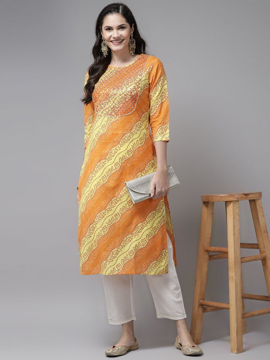 Women's Yellow & White Bandhani Printed Kurta Set