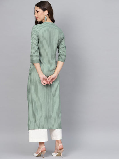 Women's Green Striped Straight Kurta