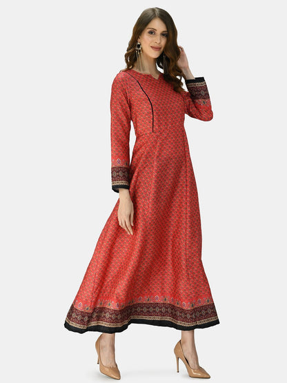 Women Red Printed Silk Dress by Myshka (