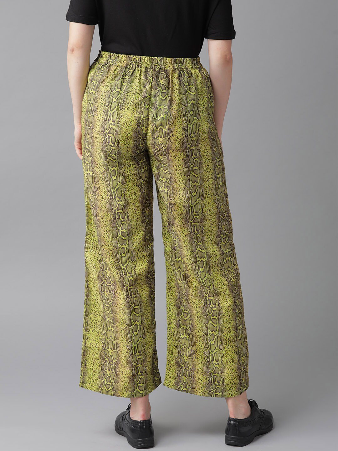 Women's  Lime Green & Coffee Brown Snakeskin Print Cropped Straight Palazzos