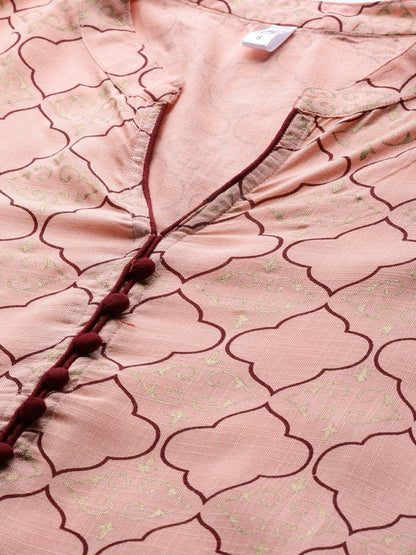 Women's  Peach-Coloured & Golden Printed Kurta with Palazzos
