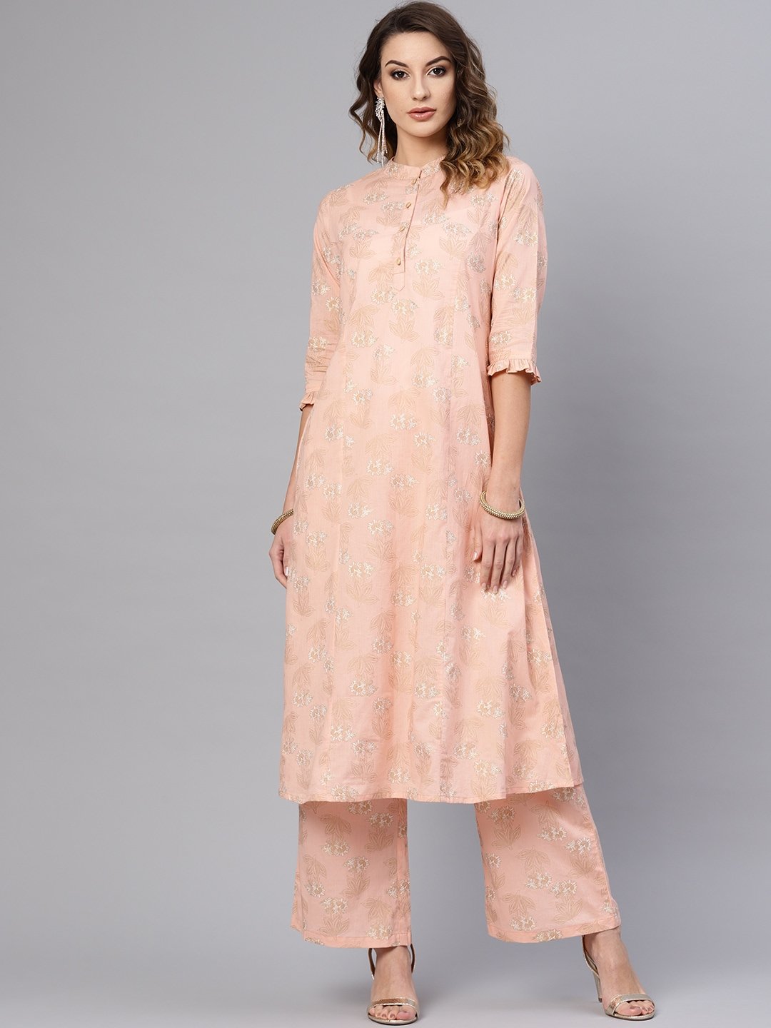 Women's  Peach-Coloured & Golden Floral Print A-Line Kurta