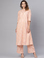 Women's  Peach-Coloured & Golden Floral Print A-Line Kurta