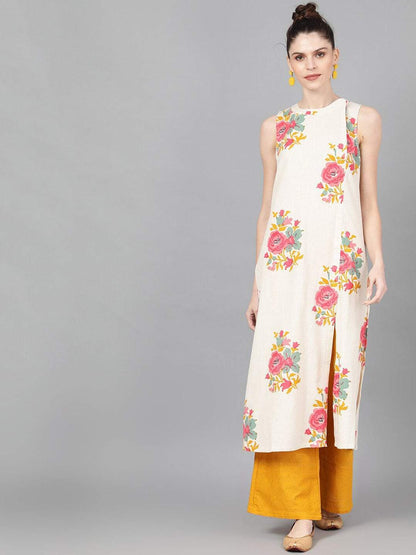 Women's  Off-White & Pink Printed Straight Kurta