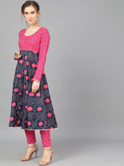 Women's  Navy Blue & Pink Bandhani Printed Anarkali Kurta