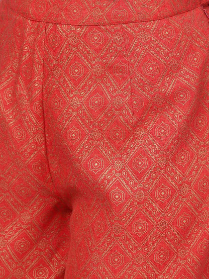 Women's  Red & Gold-Toned Printed Kurta with Palazzos