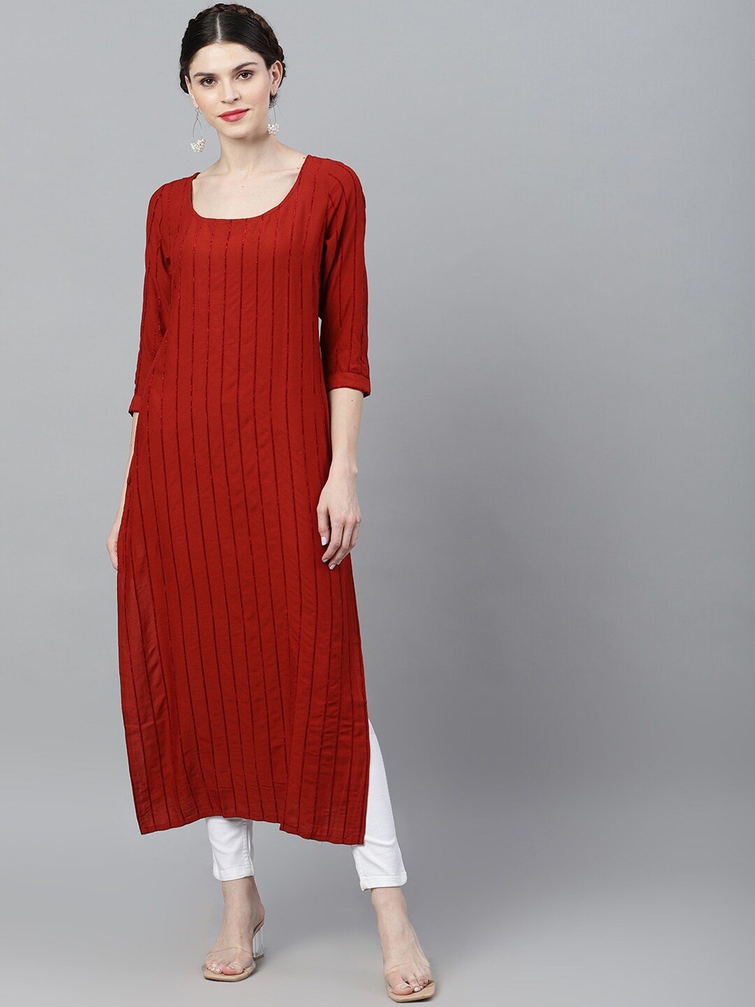Women's  Red & Black Striped Straight Kurta