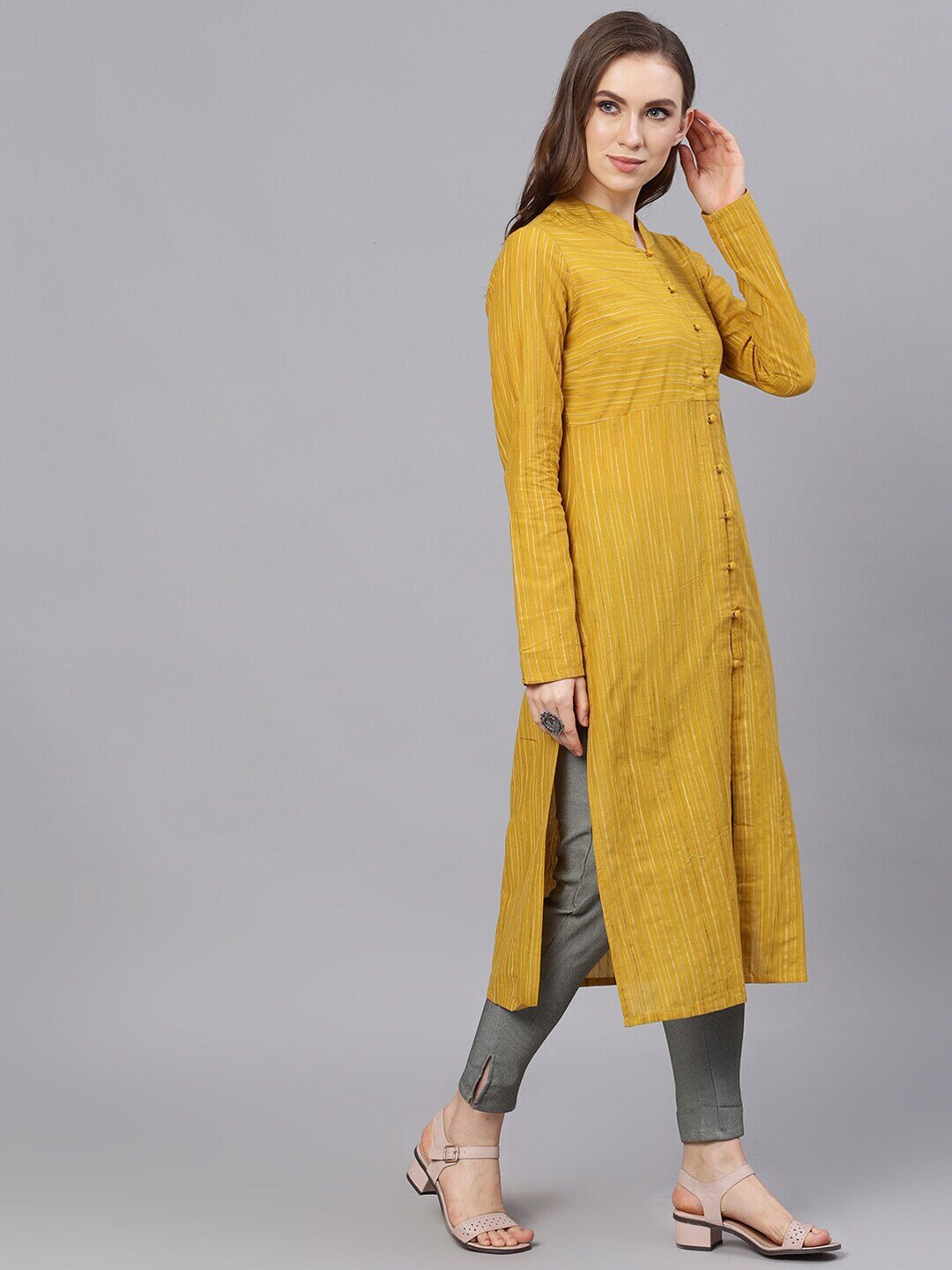 Women's  Mustard Striped Straight Kurta