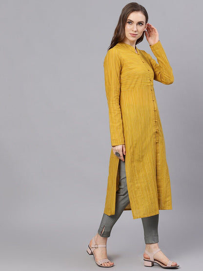 Women's  Mustard Striped Straight Kurta